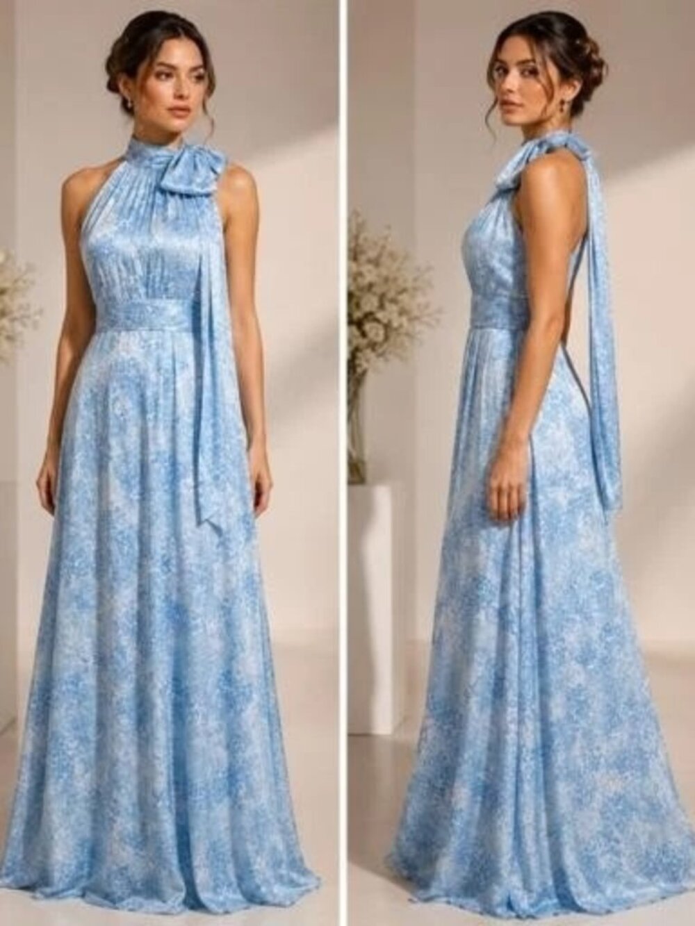 Sachin & Babi Blue White Kayla Floral Crinkle Georgette Halter Gown